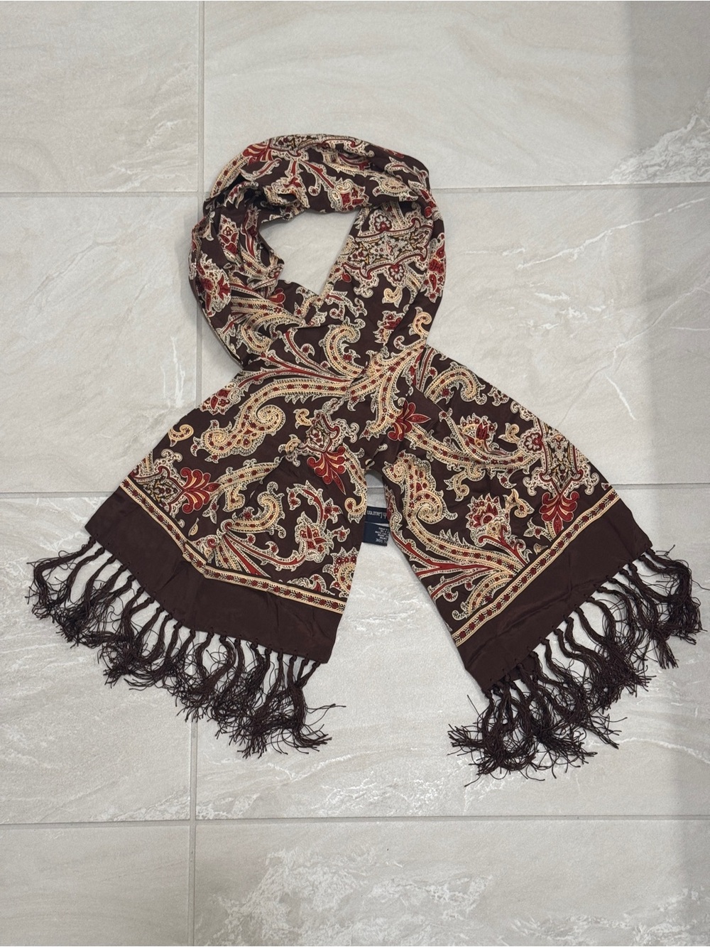 Polo by Ralph Lauren Brown Paisley Fringe Scarf Equestrian Silk